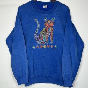 Vintage 90s Y2K Aztec Cat Pullover Crewneck Sweatshirt Tie Dye Blue Size‎ Large